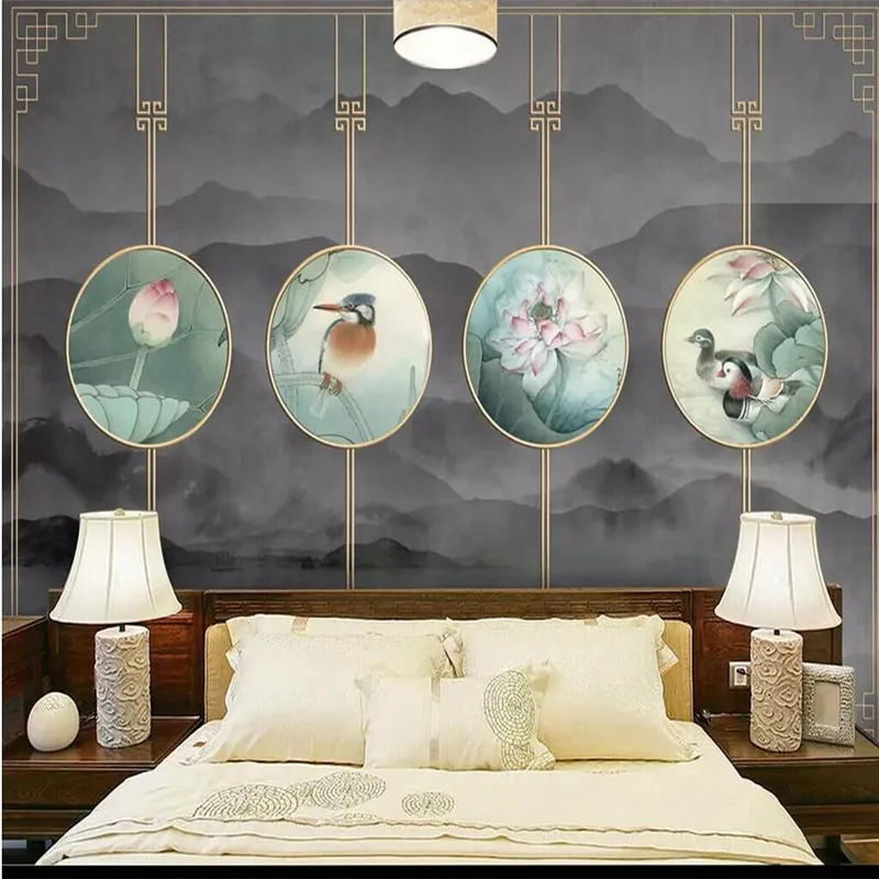 New Chinese classical lotus ink sofa sofa wall decorative painting factory wholesale wallpaper mural custom photo wall