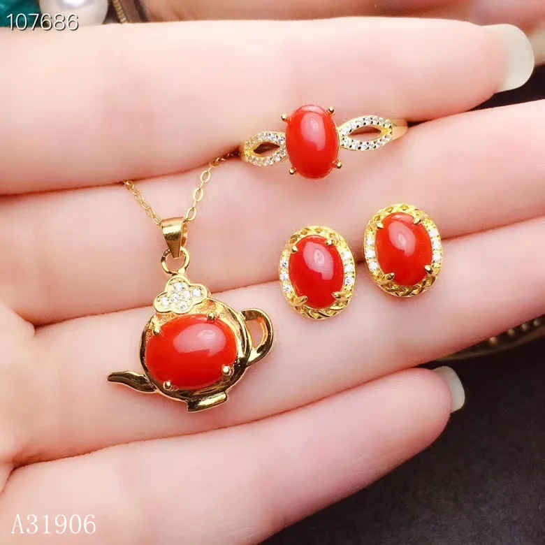 

KJJEAXCMY Fine Jewelry 925 sterling silver inlaid natural red coral female ring pendant necklace earrings set support detection