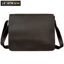 Original Leather Male Design Casual Shoulder Messenger Crossbody bag Fashion Laptop Satchel University School Student bag A063