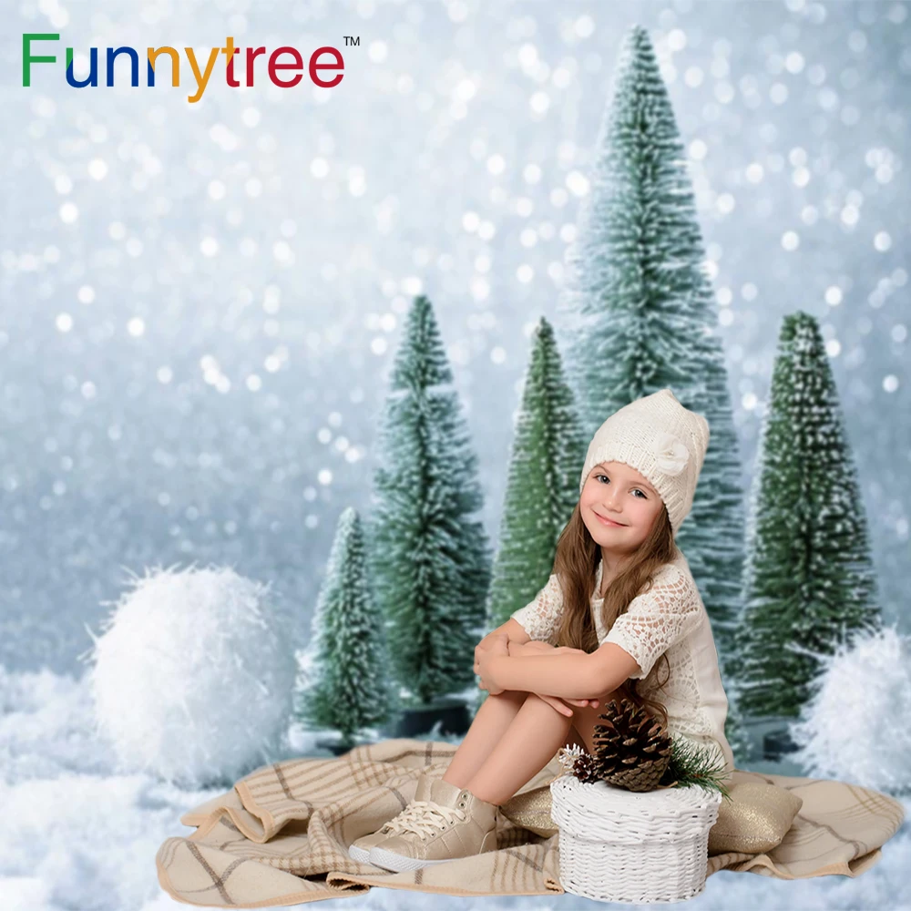 Фон Funnytree для детской фотосъемки с изображением белого снега и зеленых деревьев