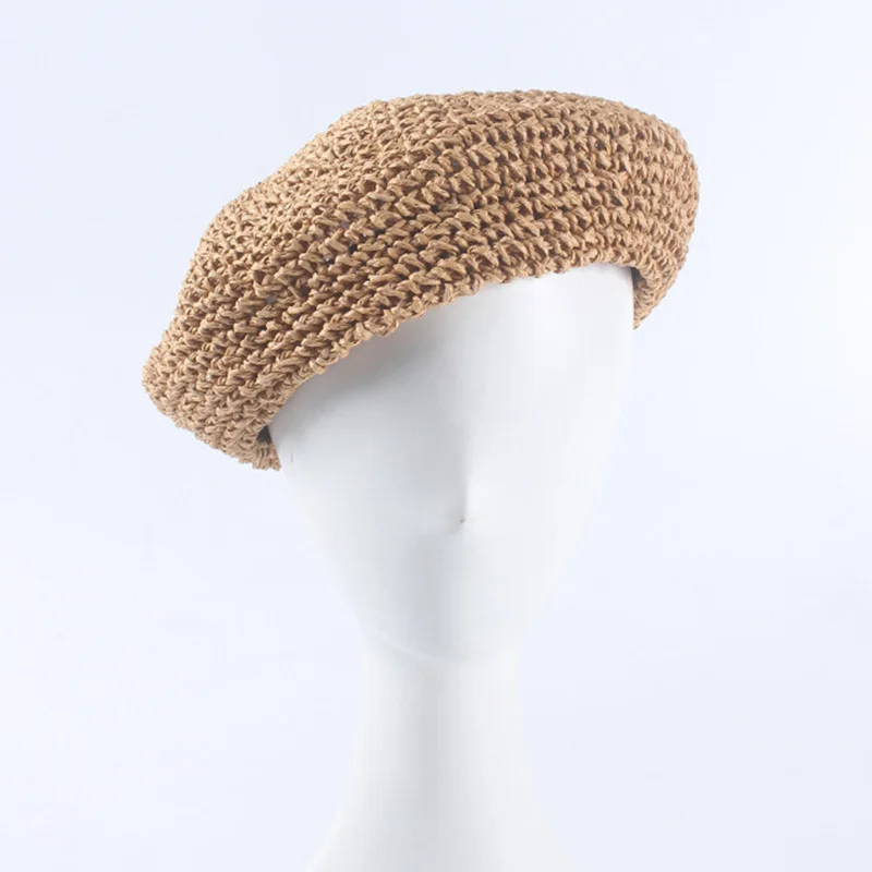 New fashion berets adjustable straw beret women straw hat Ladies Flat Solid Cap French Style Hand Hook Papyrus Beret Hat