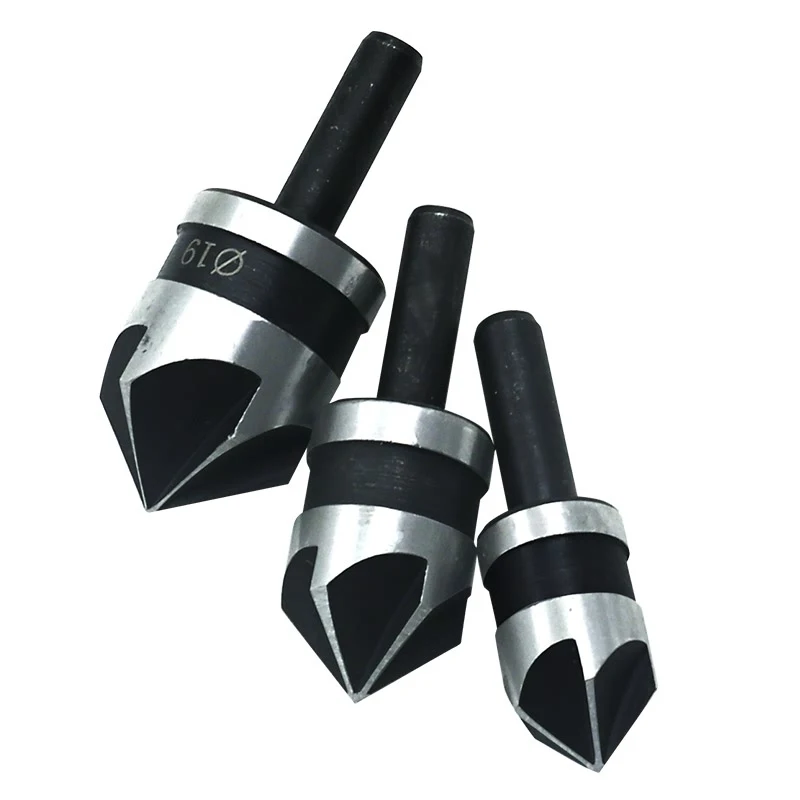 3pcs/set 90 Degree 1/4 Hex Shank Drill Bit 5 Flute 12mm 16mm 19mm Woodworking Chamfer Counter Sink Chamfering Debur Countersink