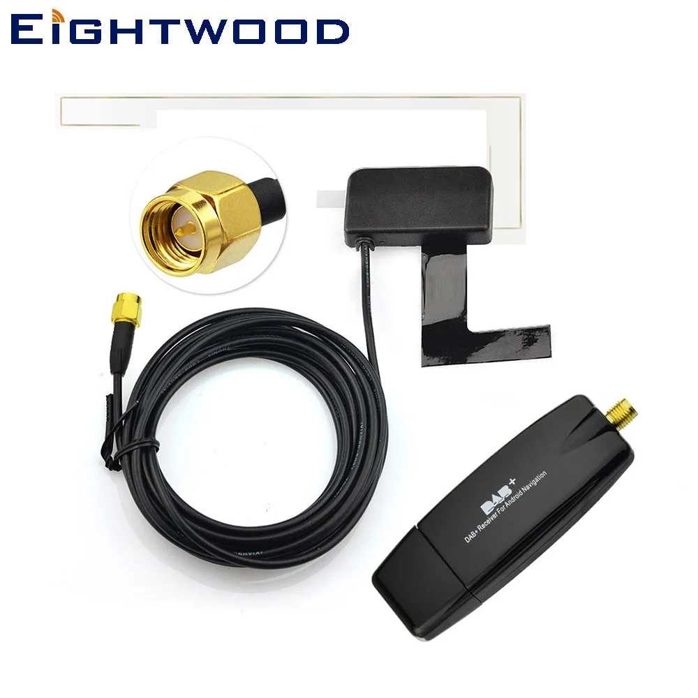 Eightwood Europe Auto USB DAB+ Radio Receiver Stick Glass Mount Active Antenna Aerial for XTRONS Android 5.1 & 6.0 Headunits