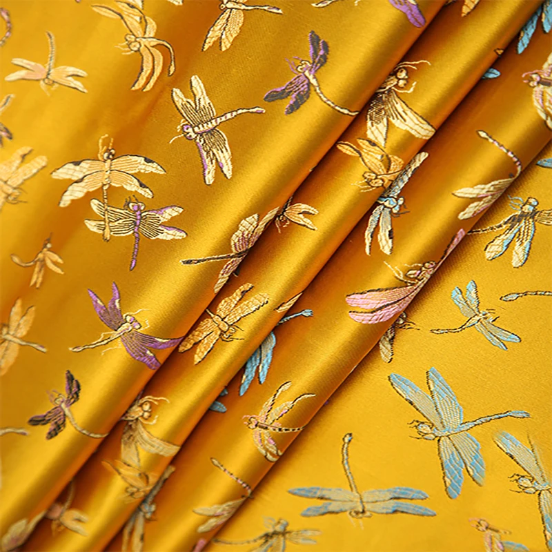 High quality yarn dyed chemical fiber brocade jacquard yellow dragonfly fabric used for dress women clothing by 100x90cm