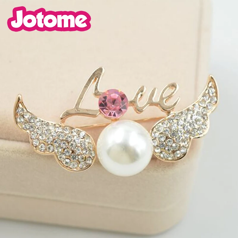 Jotome Jewelry Customize Valentine's Day Love Brooches Clear Rhinestone Angel Wing Pin For Gift