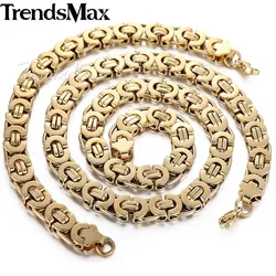 11MM Mens Chain Boys Gold Color Flat Byzantine Stainless Steel Bracelet Necklace SET Wholesale JEWELRY Fashion Gift KS78