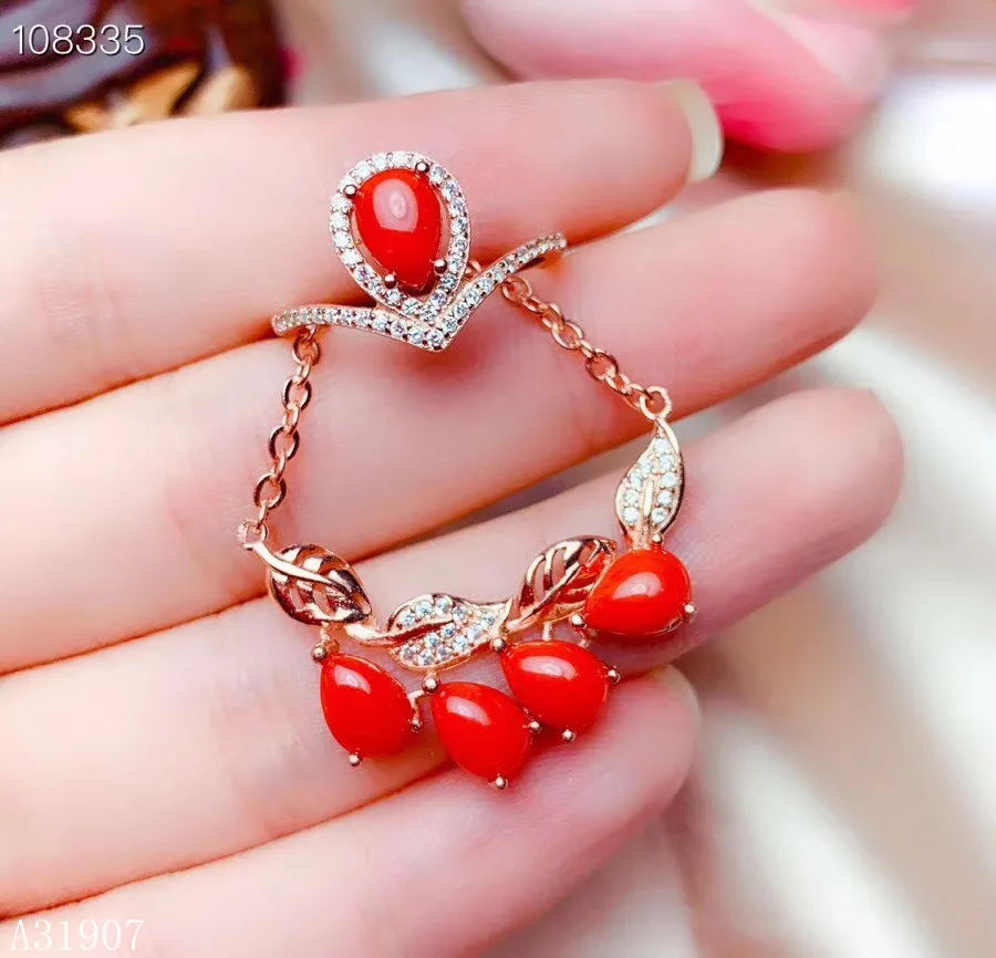 

KJJEAXCMY Fine Jewelry 925 sterling silver inlaid natural red coral female ring pendant necklace set support detection