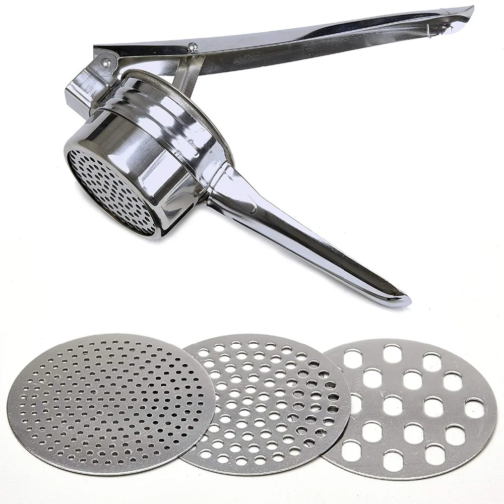 Potato Ricer Manual Masher Stainless Steel Masher Fruit Vegetable Press Juicer Crusher Squeezer 3 Interchangeable Discs for Fine