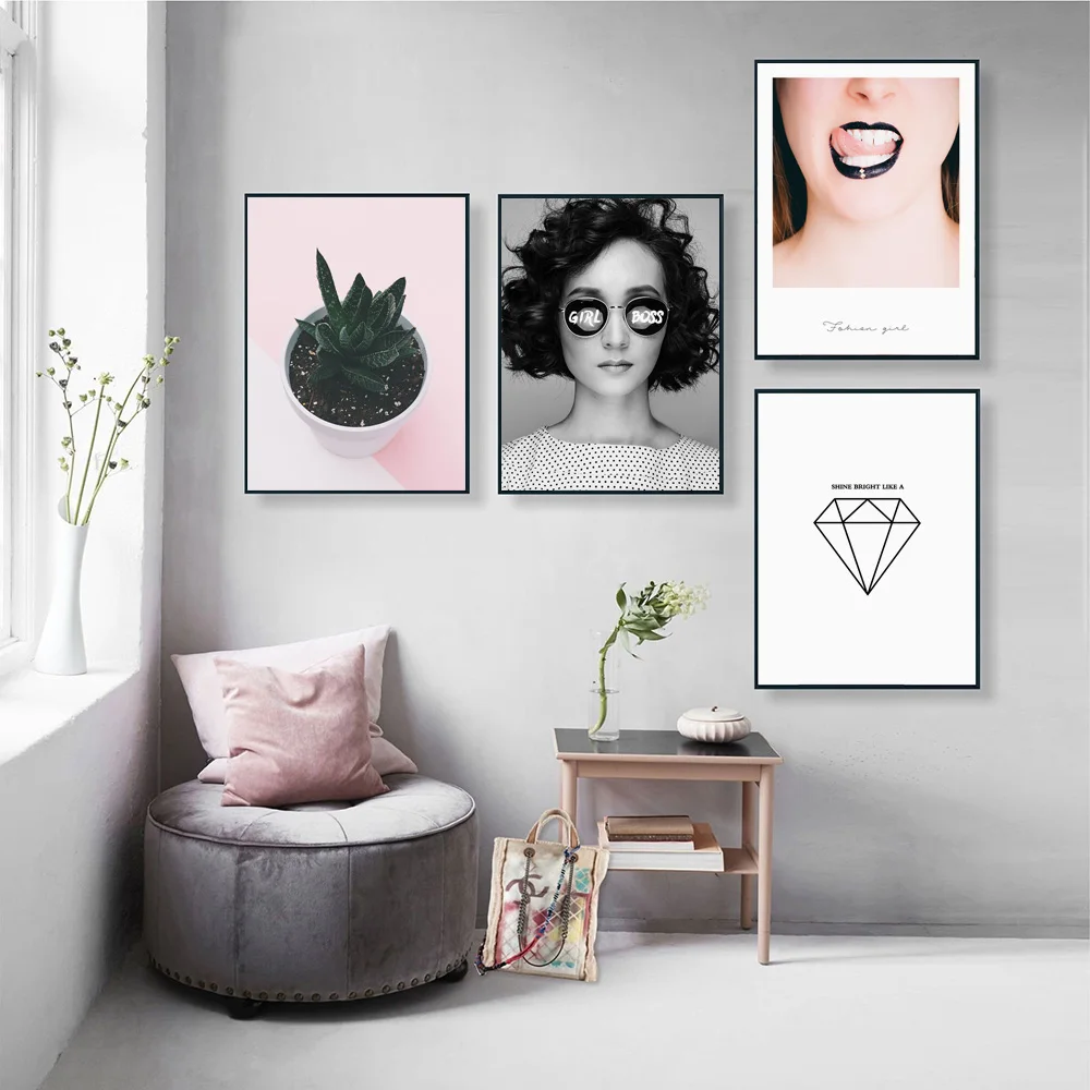 Fashion Girl Boss Lips Green Plant Modern Nordic Posters and Prints Wall Art Canvas Painting Wall Pictures for Living Room Decor