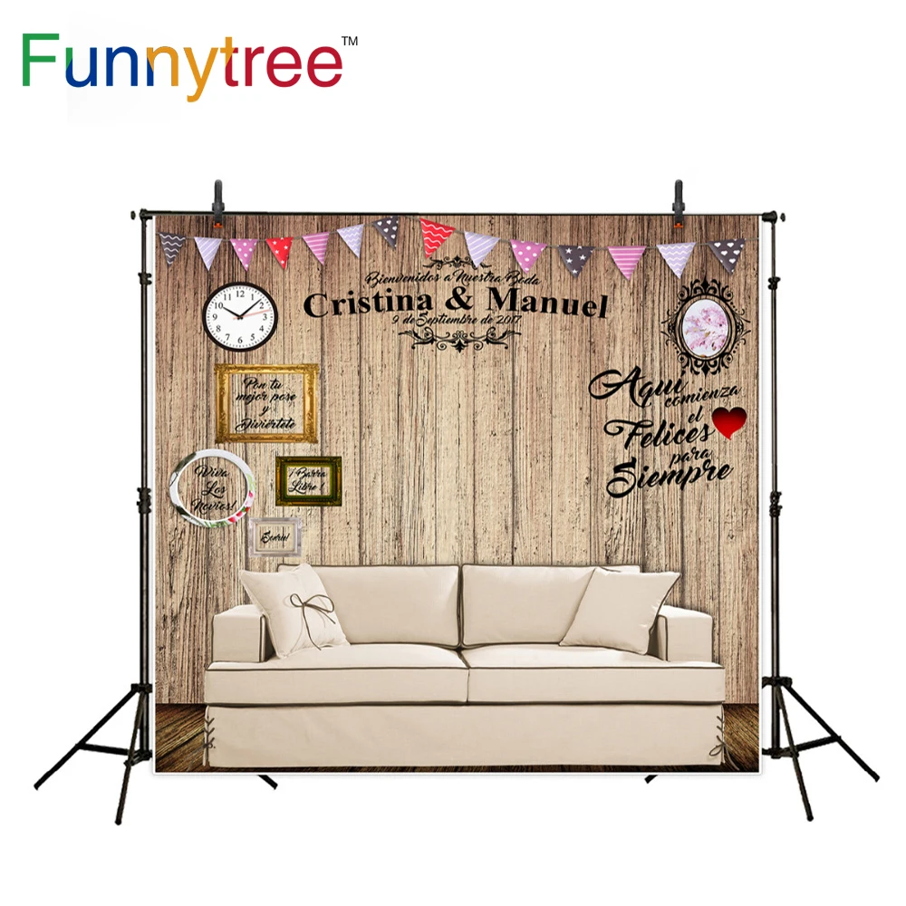 Funnytree hochzeit nach fotografie hintergrund fahnen persönliche datum name sofa holz hintergrund photobooth photo prop