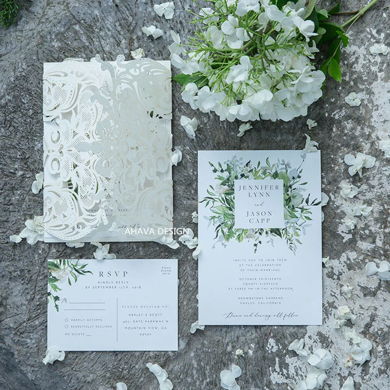 Evelyn'S Garden-Lush Greenery Inspired Invitation With Ivory Shimmer Laser Cut Wrap