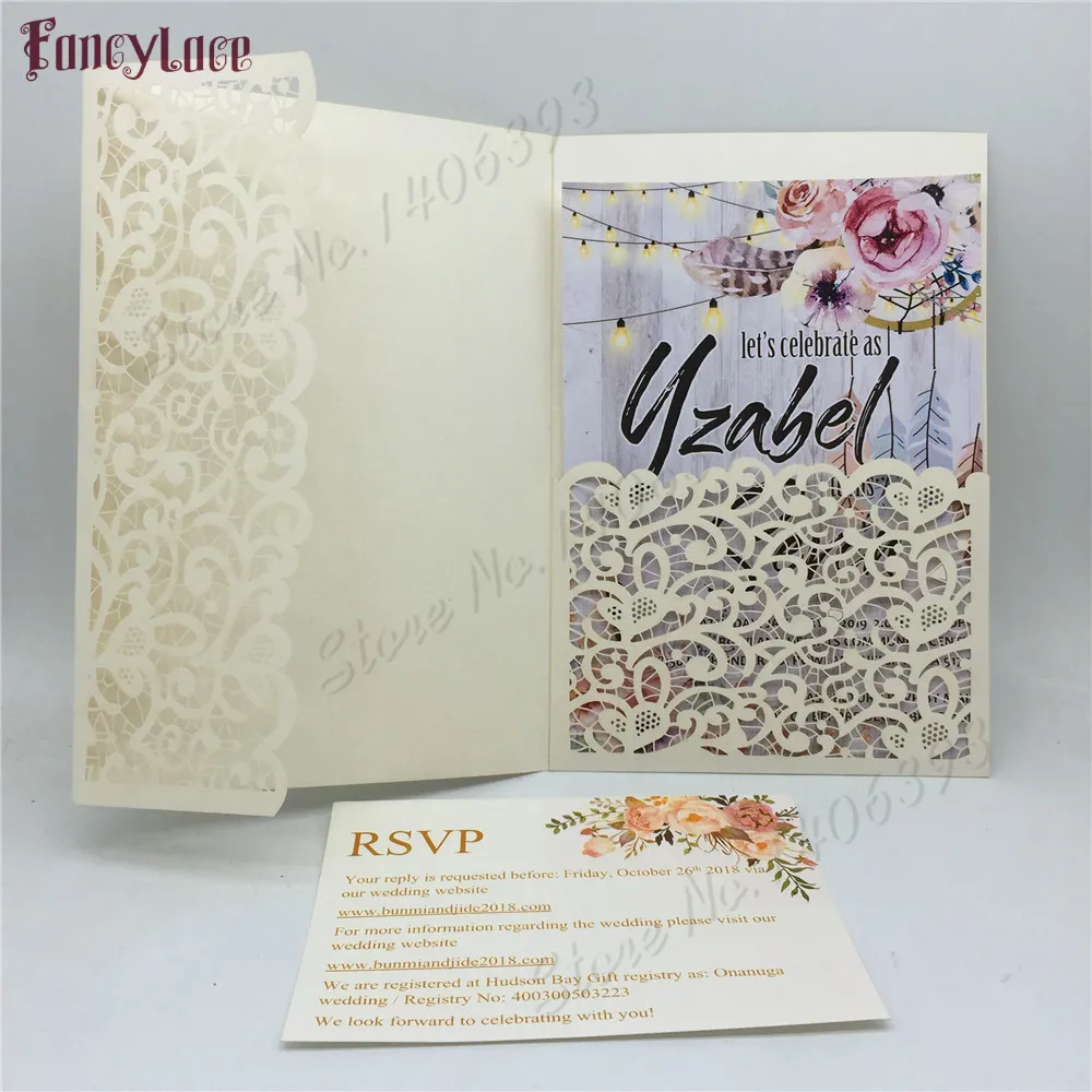 50pcs Lace Flower Hollow out Wedding Invitation Cards Set Paper RSVP Cards for Wedding Business Birthday Shower Party decoration