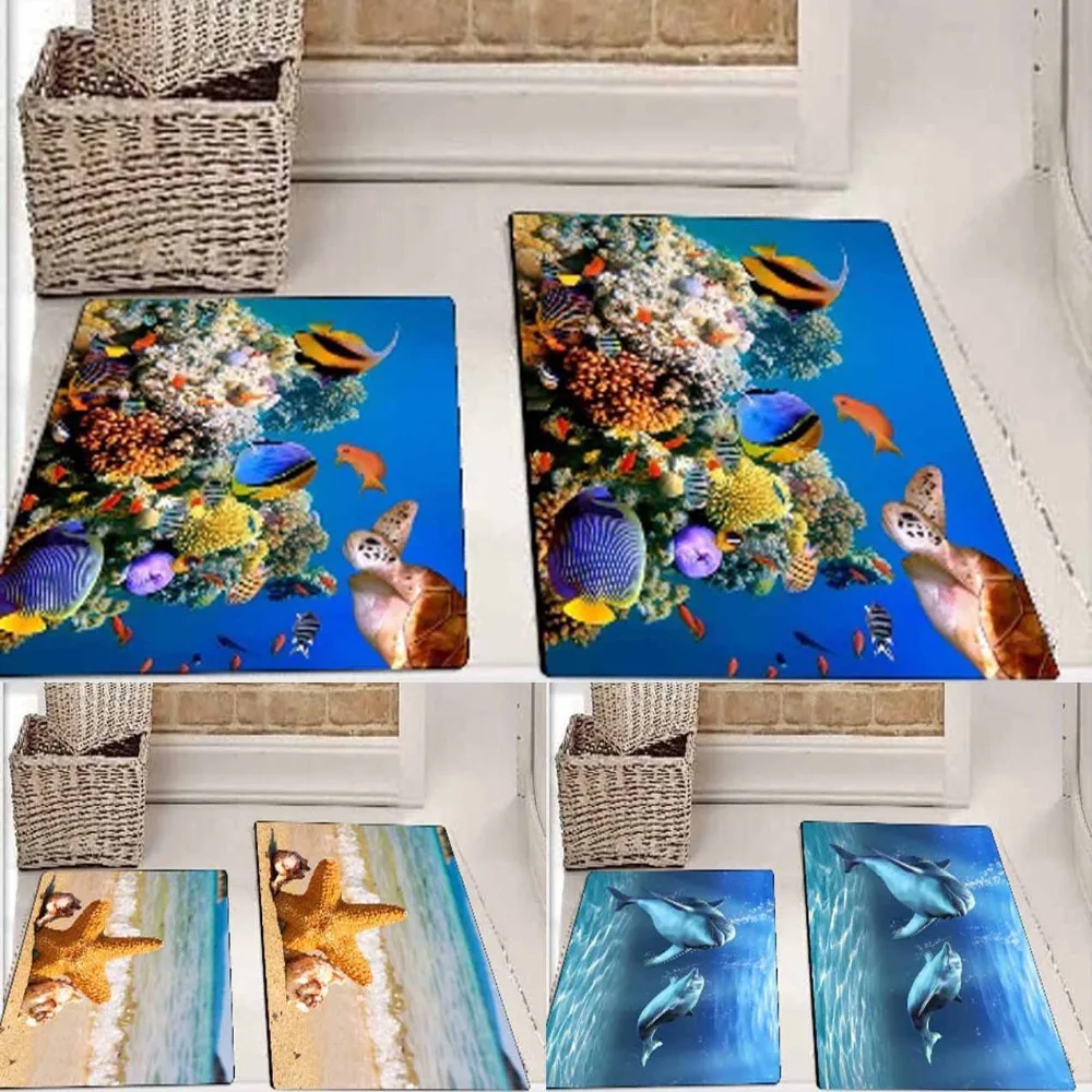 

Else Blue Dolphins Sea Stars Aquarium Fishes 3d Print Non Slip Microfiber 2 piece Bath Mat set for Bathroom 90x60cm 50x60cm