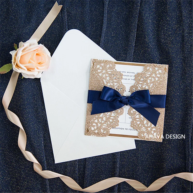 Elegant Rose Gold And Navy Blue Glitter Wedding Invitations With Gold Glittery Mirror Paper Bottom