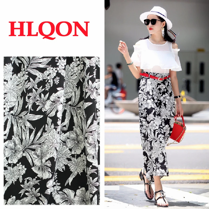 High quality polyester black and white big flowers fabric for tissue felt patchwork sewing DIY dress women clothing by 100x150cm