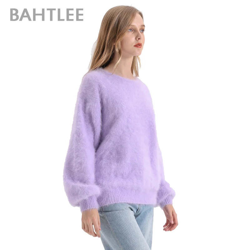 BAHTLEE-Women\'s Angora Rabbit Knitted Pullovers, Sweater, Lantern Sleeve, Wool, Thick, Keep Warm, O-NECK, Autumn, Winter