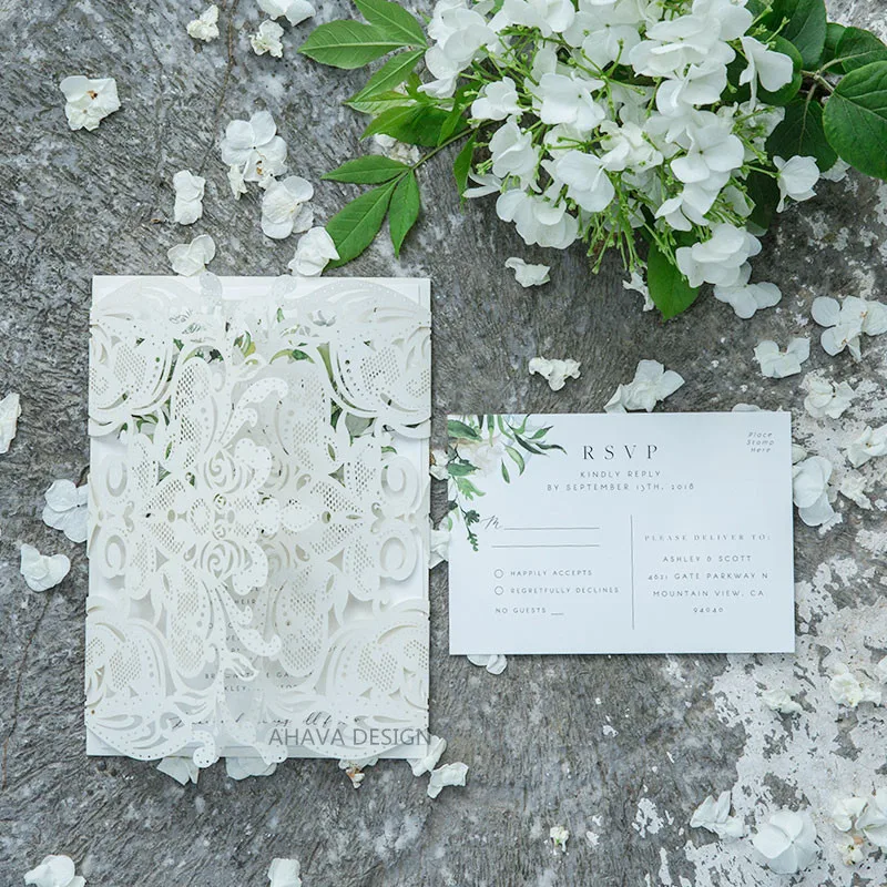 

Evelyn'S Garden-Lush Greenery Inspired Invitation With Ivory Shimmer Laser Cut Wrap