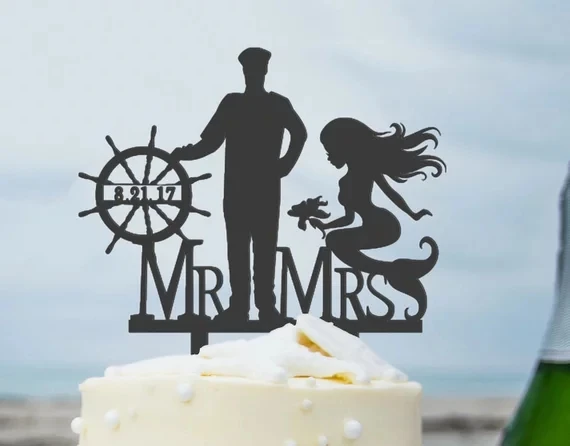 Personalized date Mermaid Her Captain Beach wedding acrylic Cake Toppers party decorations