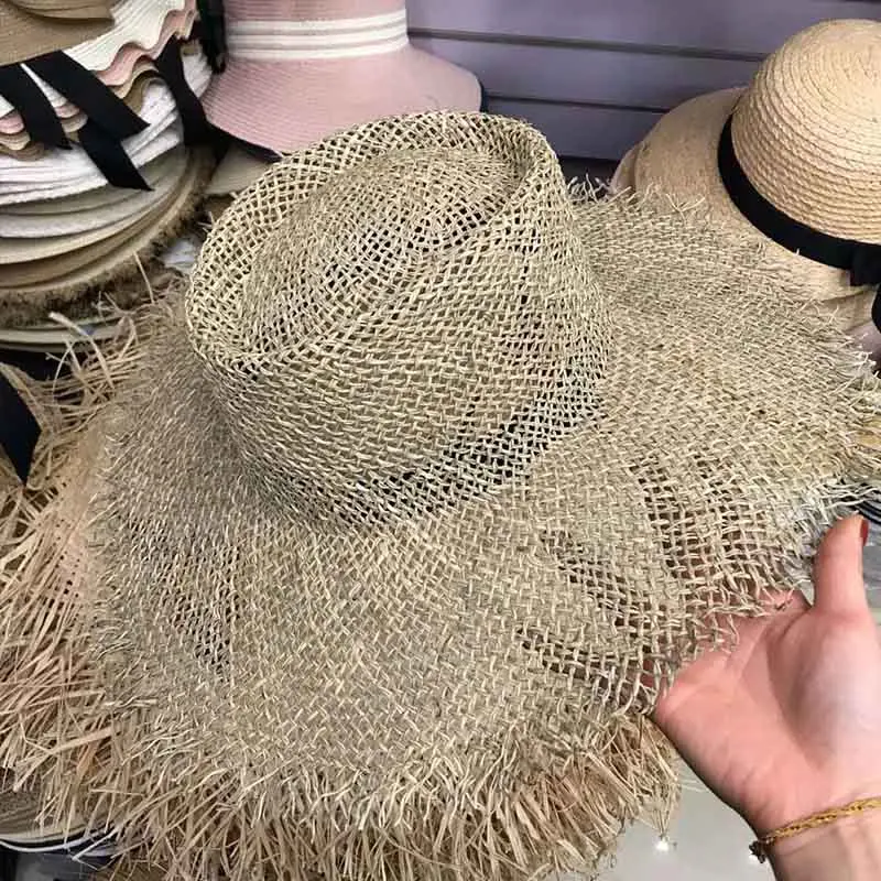 2019 Fashion Fray Boater Hat Wide Brim Sun Hats for Women Natural Woven Seagrass Beach Hat Cool Summer Straw Hats Kentucky Derby