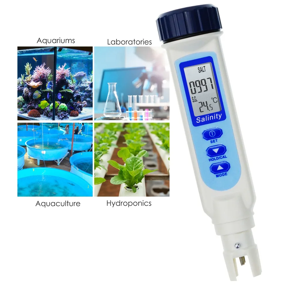 Salinity & Temp Meter Pen Type Salt Water Quality Tester ATC NaCl, 9999 ppm / 100.0ppt/ 10% / 0.95-1.08 SG Pool Cooking Seawater