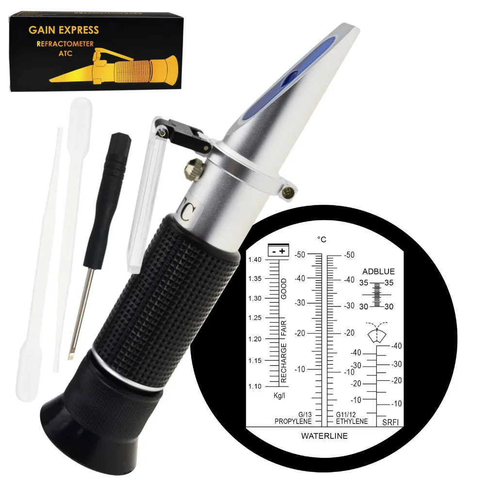 6-in-1 Automotive Car Refractometer ATC for Adblue/ Antifreeze/ Battery Acid/ Windshield Fluid, Propylene Ethylene Glycol