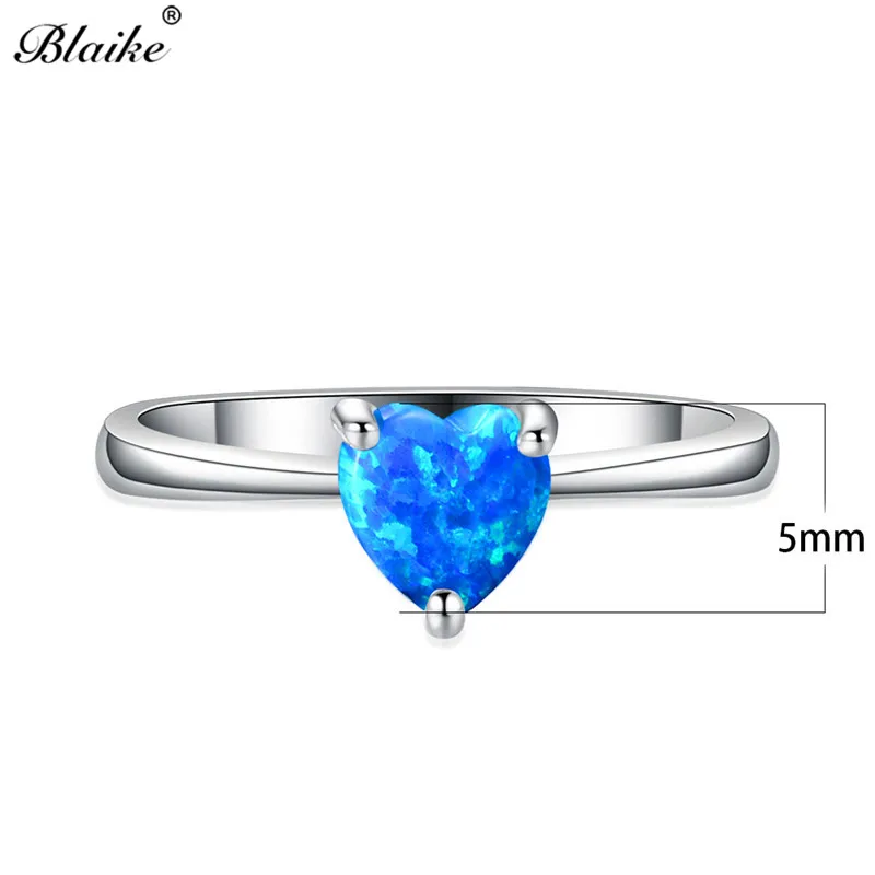 Mystic Fire White Blue Opal Stone Rainbow Zircon Heart Rings For Women Silver Color Birthstone Thin Ring Wedding Bands Jewelry