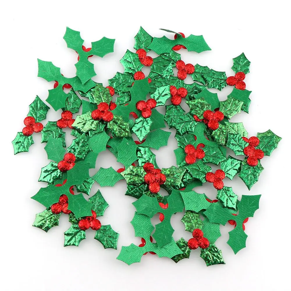 100pcs Table Decoration Holly Berries and Leaves Appliques for Christmas Decoration ,Stick-on DIY  Laser Green Color