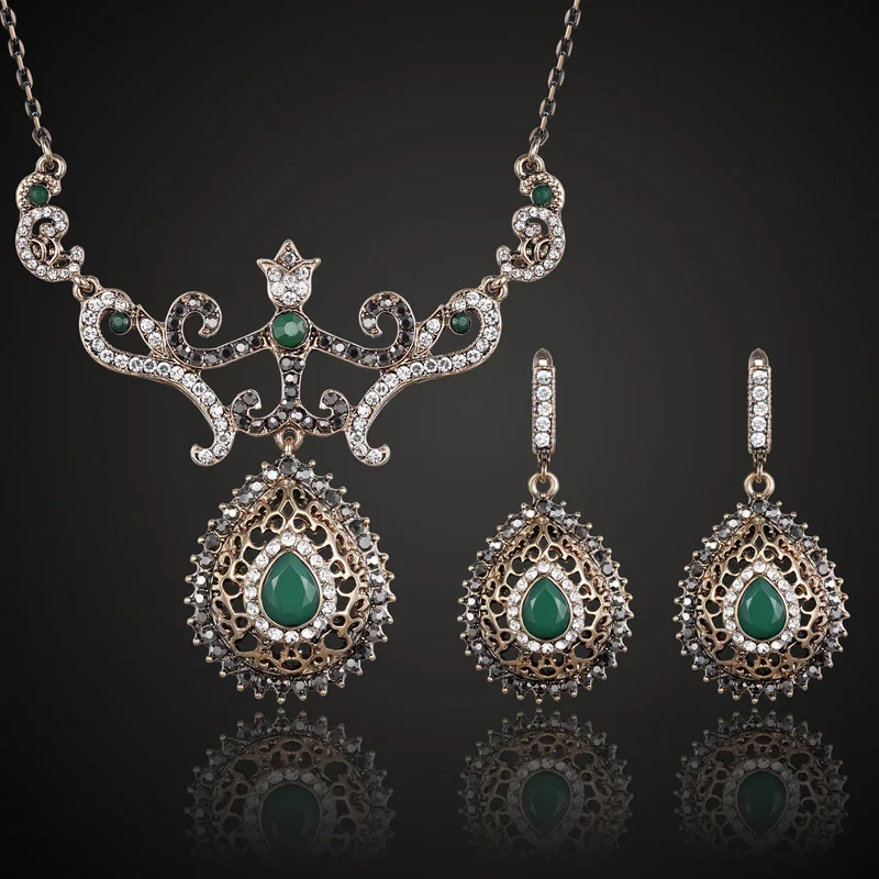 Zlxgirl jewelry Green Crystal wedding necklace earring bridal jewelry sets women\'s party vintage necklace sets turkish jewelry