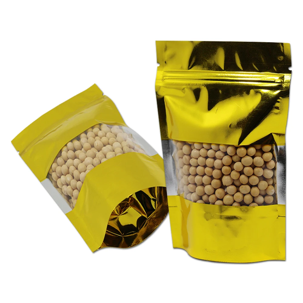 

100Pcs 22x30cm Golden Aluminum Foil Bag With Clear Window Doypack Zipper Bags Coffee Powder Tea Beans Package Bags for Christmas