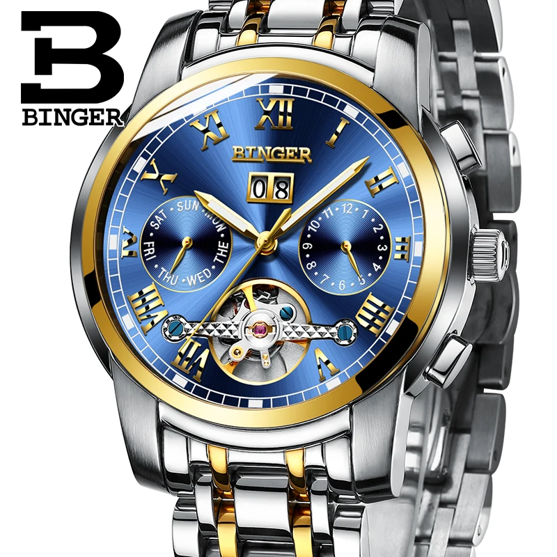 BINGER Stainless Steel Watches Men Luxury Brand Tourbillon Automatic Luminous Multiple Functions Mechanical Wristwatches 2017