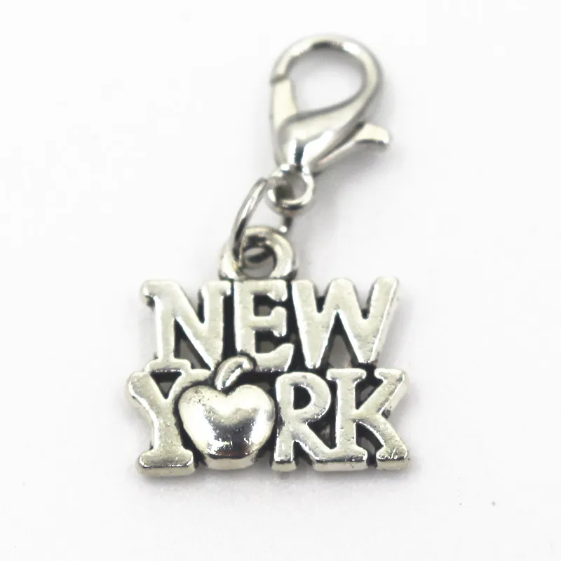 2018 New 20pcs/lot Silver New York Dangle Charms Hanging Lobster Clasp Charm DIY Jewelry Accessories Necklace Pendant