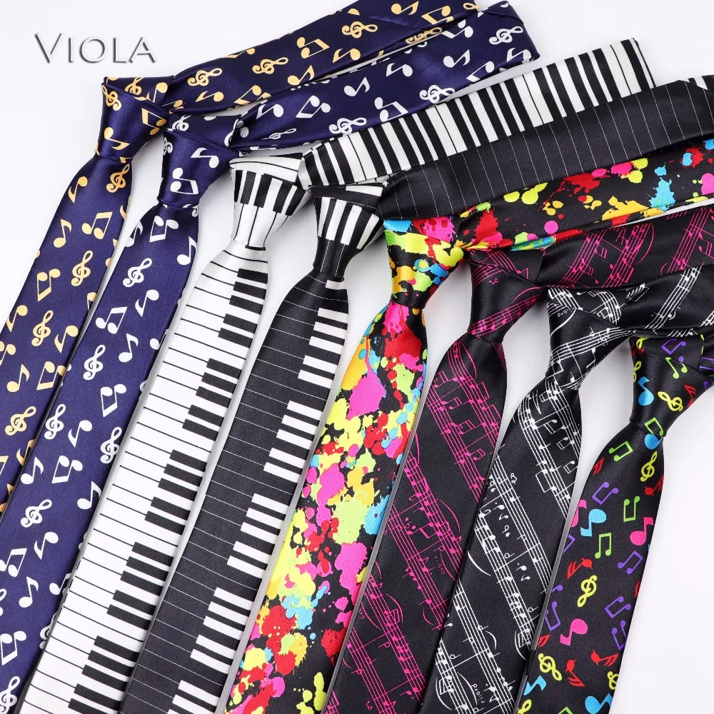 Music Notes Piano Keys Guitar Printed Neck Tie 5cm Slim Men Kids Tie Polyester Skinny Party Tuxedo Parent-Child Gift Accessory