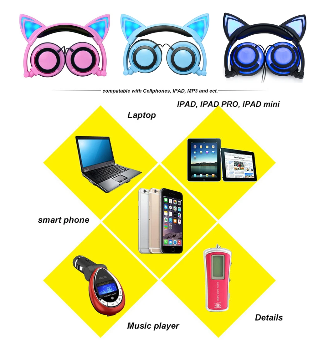 YiJee Cat Ear LED Headphones with LED Flashing Glowing Light Headset Gaming Earphones for PC Computer and Mobile Phone
