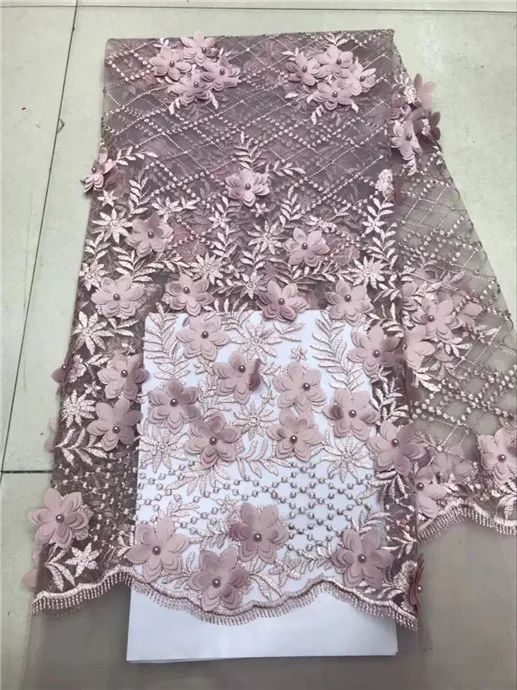 New Design Peach Color African Lace Fabric 2018 High Quality Beads 3D Applique Lace Beautiful French Net Lace For Nigerian Dress