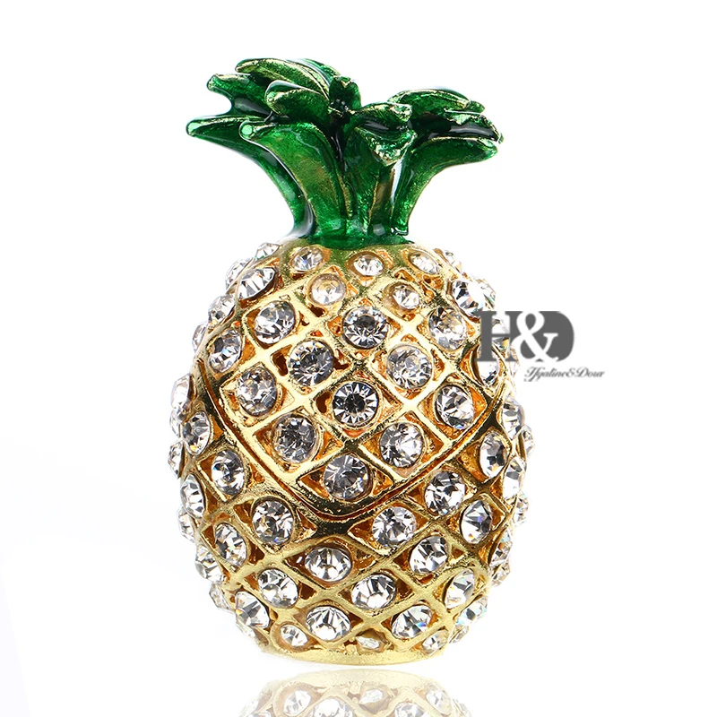 

H&D 2.5inch Bejeweled Pineapple Trinket Box Hand Painted Collectible Figurines Decor Ornaments with Crystals for Mini Trinkets