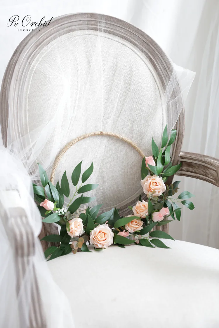 PEORCHID Silk Flowers Hoop Bouquet Boho Floral Hoop Bridesmaid Wreaths Rose Rustic Wedding Bouquet Artificial Door Wreath 2019