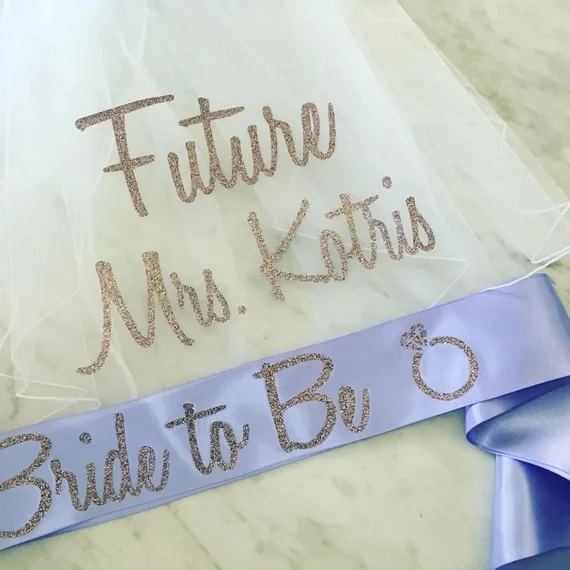 personalized glitter wedding bachelorette party sash and veil set, bride to be sash, future mrs veil party favors