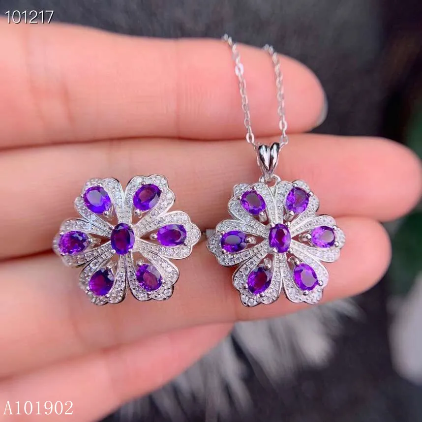 

KJJEAXCMY exquisite jewelry 925 sterling silver inlaid natural amethyst gemstone ladies luxury ring necklace pendant set support