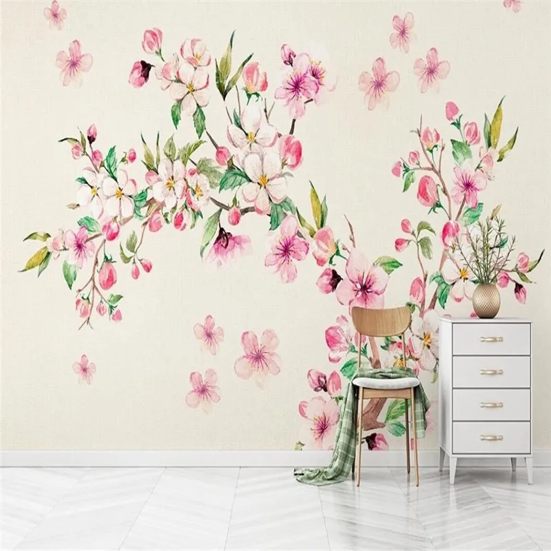 Romantic garden style watercolor flowers hand-painted background wall paper professional production wallpaper mural custom photo