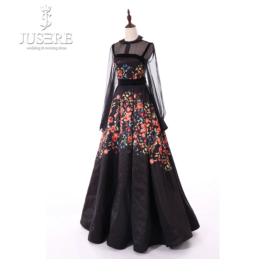 Robe De Soiree  Black Evening Dress Long Embroidery Jewel Neck Sleeve See Through Floor Length Evening Dresses Vestidos