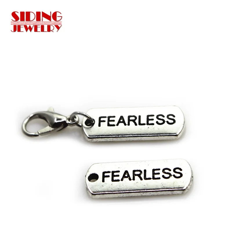 New 20pcs/lot Silver Hang Tag Fearless Dangle Charms Lobster Clasp DIY Bracelet Necklace Pendants Jewelry Hanging Charms