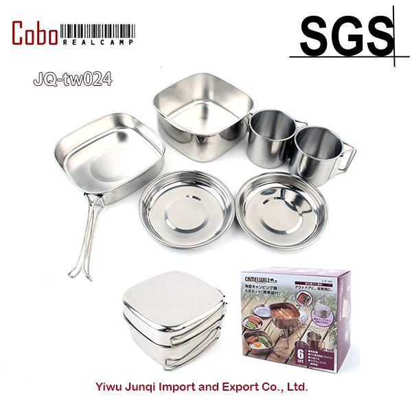 6PCS Stainless Steel Outdoor Plate Bowl Cup Pan Pot Set Picnic Camping Cookware Camelwill Full Set 6 Pcs  Skillet