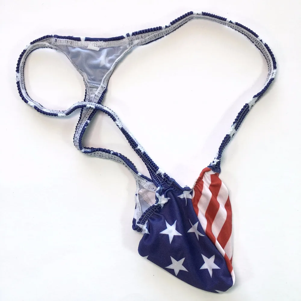 Mens G4034 USA Flag Star Stripes Sexy Thong Bulge Pouch T-back Grape Smugglers stretchy swim underwear