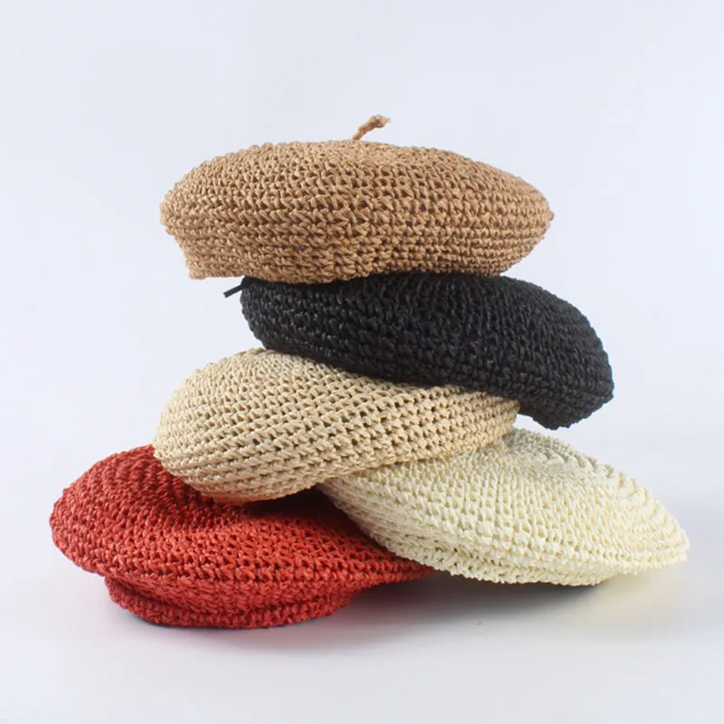 New fashion berets adjustable straw beret women straw hat Ladies Flat Solid Cap French Style Hand Hook Papyrus Beret Hat