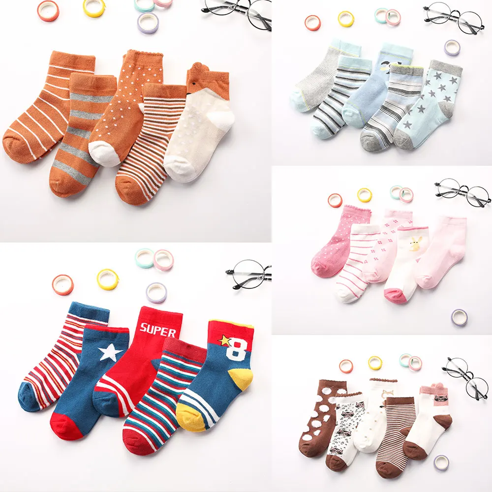 5 par Unisex Kids Children Baby Warm Soft Cotton kreskówkowy pasek Socks Newborn Striped Grid Fashion Warm Socks