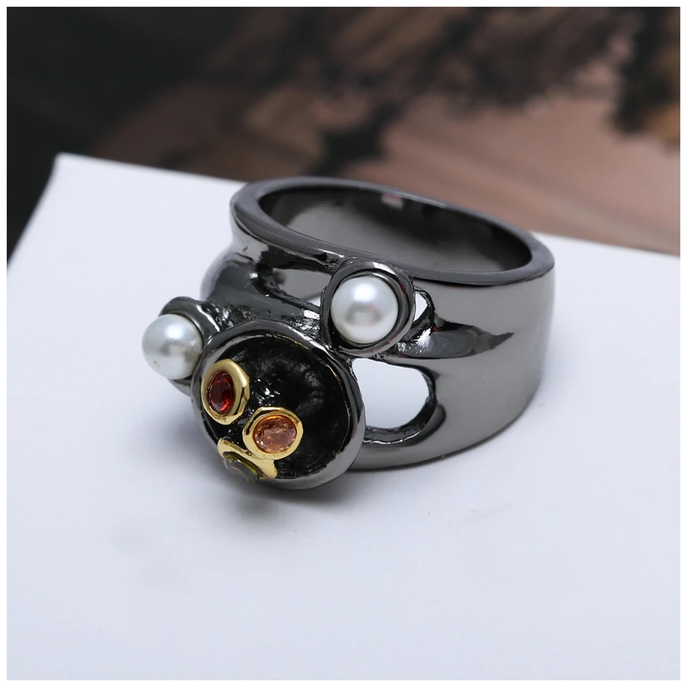 DreamCarnival1989 Disco Mix Colors Women Cocktail Ring CZ White Pearl Vintage Black Gold Party Anillos Mujer Sizes 7 8 9 WA11531