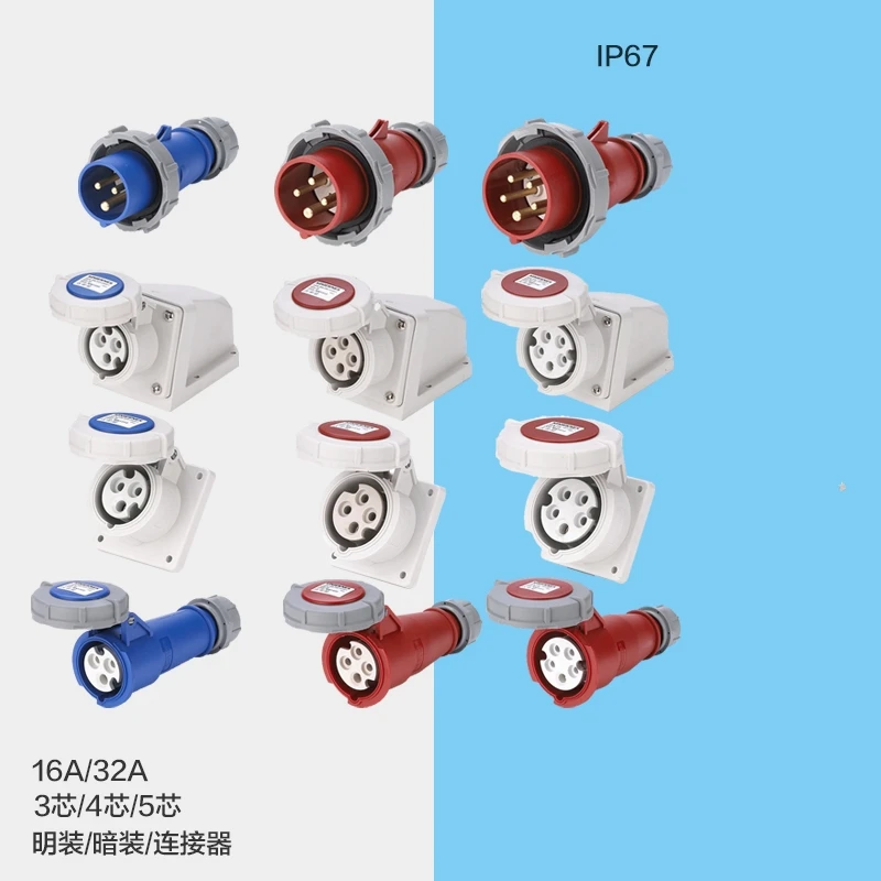 Aviation Industry Plug IP67 Socket Connector Mounted Concealed 3 Core 4 Core 5 Core 16A Waterproof Three Phase Five Wire