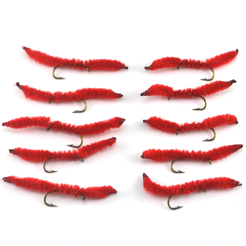 MNFT 10Pcs 10# Red Stripe Shape Pupae Juan Worms Salmon Fly Fishing Lure