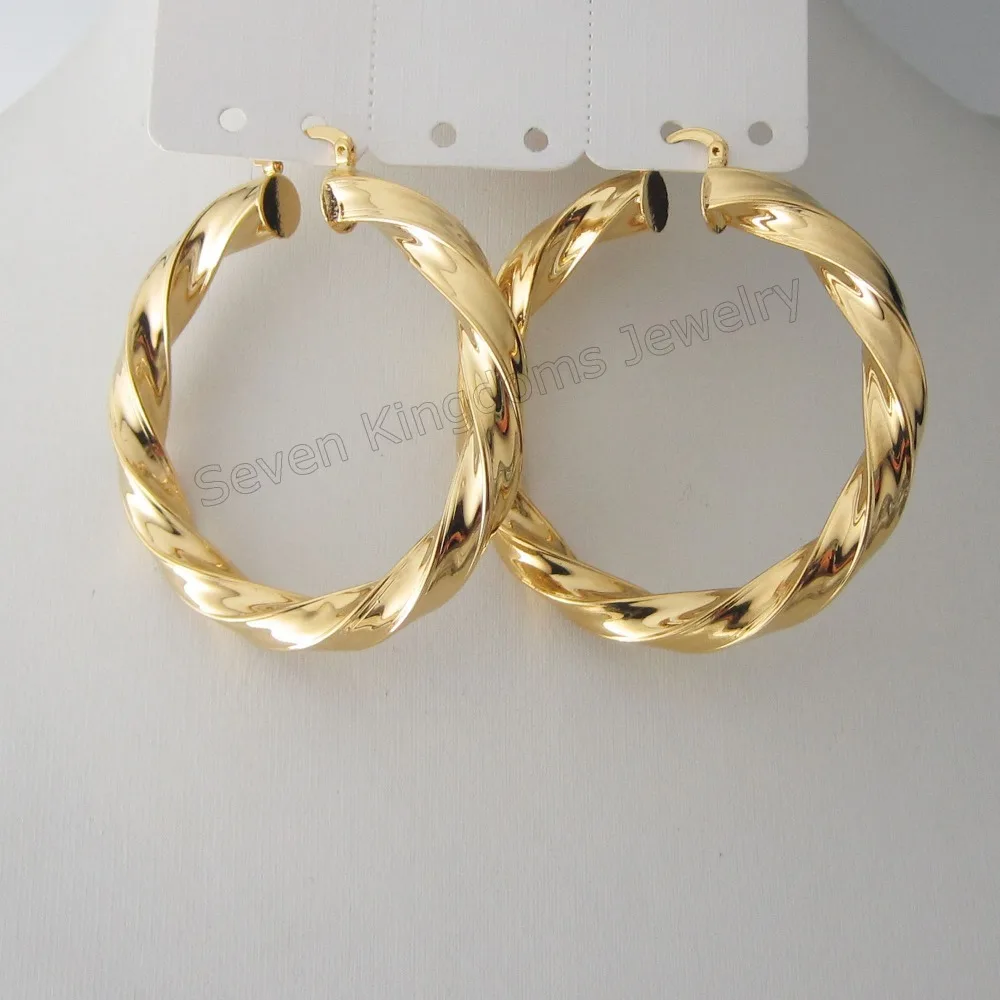 PLAIN TWIST YELLOW GOLD COLOR FILLED  BRASS HUGE HOOP 60MM 2.36\