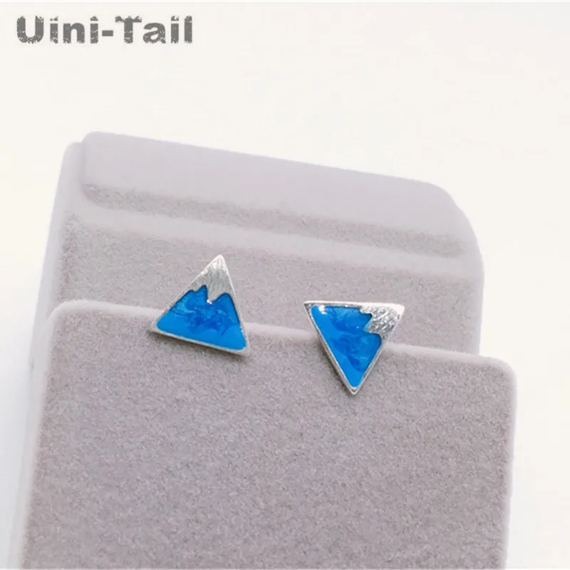 925 Tibetan silver Mt.Fuji blue triangle earrings wholesale cute cute earrings Han Sen mini accessories high quality ED050